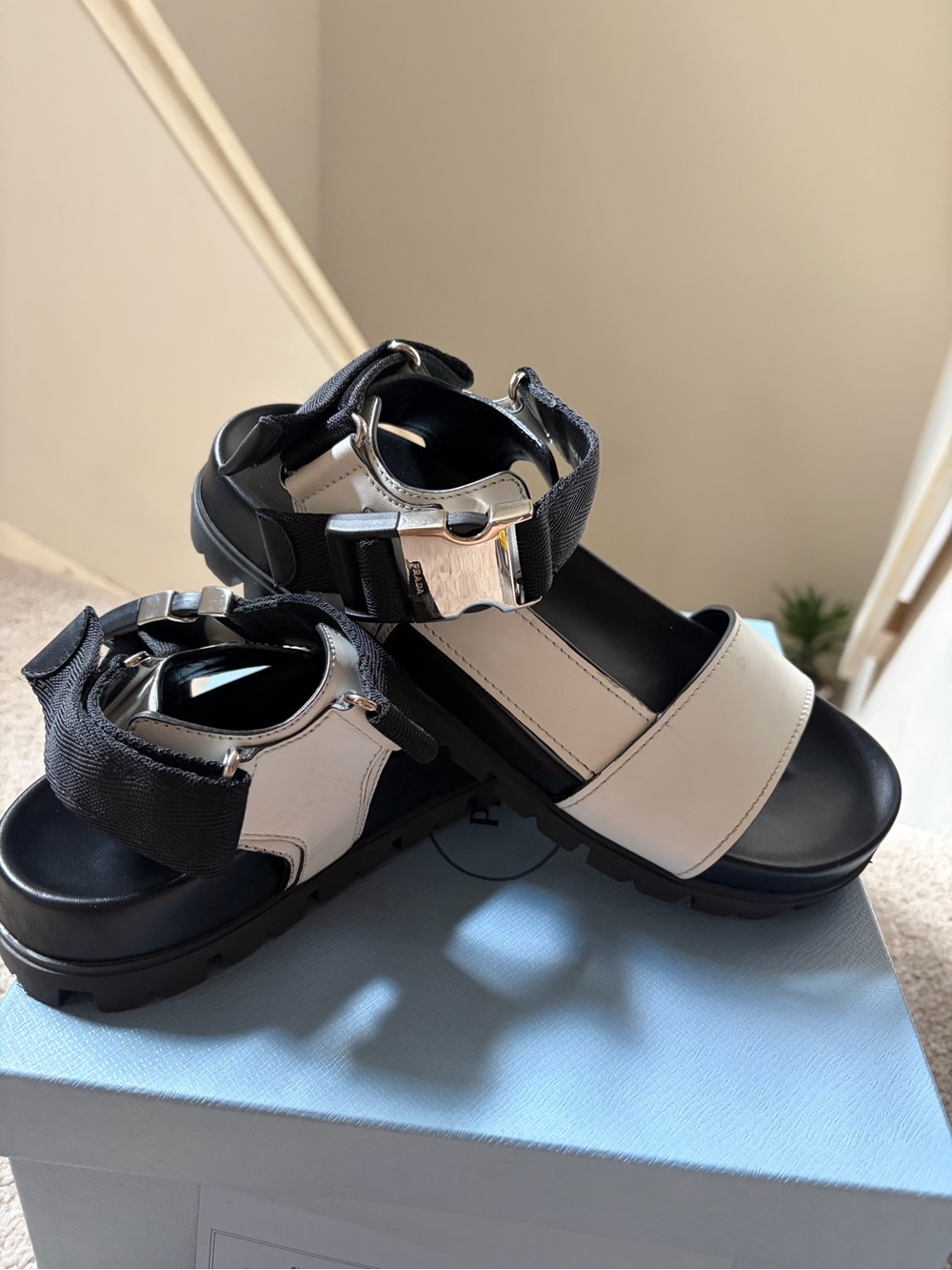Prada Black and White Platform Sandals with Silver Hardware